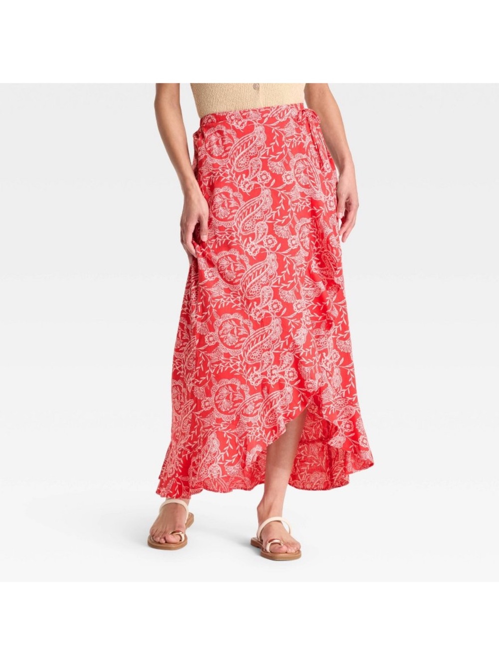 Universal Thread Women’s Ruffle Maxi Wrap Skirt-red paisley